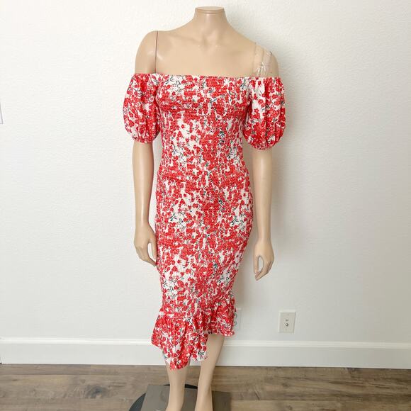 [Hello Molly] Orange Floral Print Smocked Ruffle Haven View Dress NWT Sz Large L - Picture 3 of 12